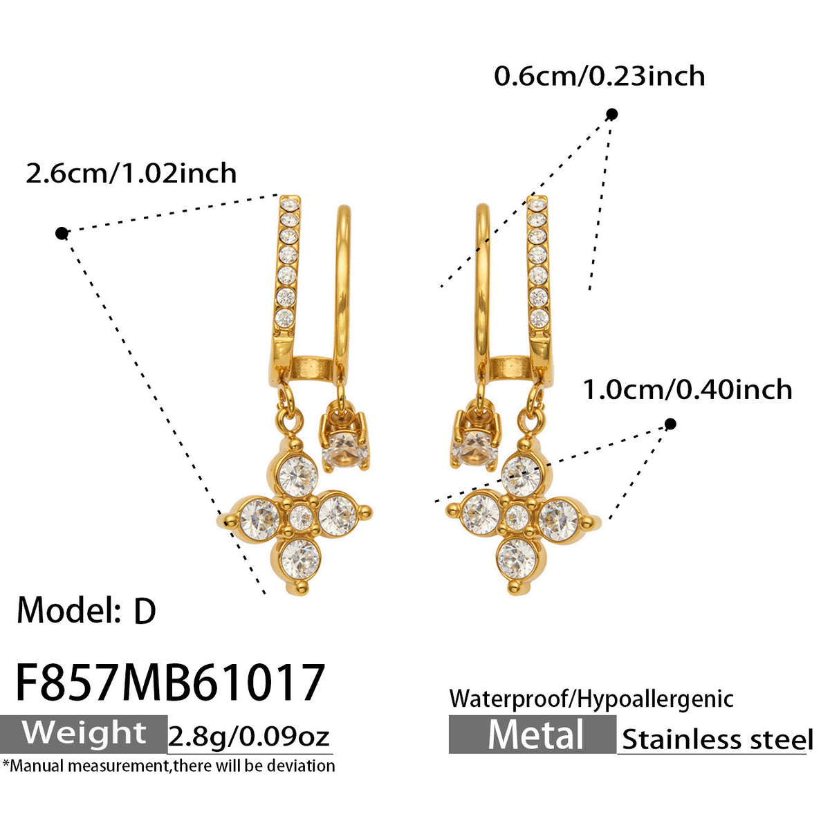 B廠【F857】幾何四瓣花愛心鑲锆石耳墜不鏽鋼耳環組
 26.10-4