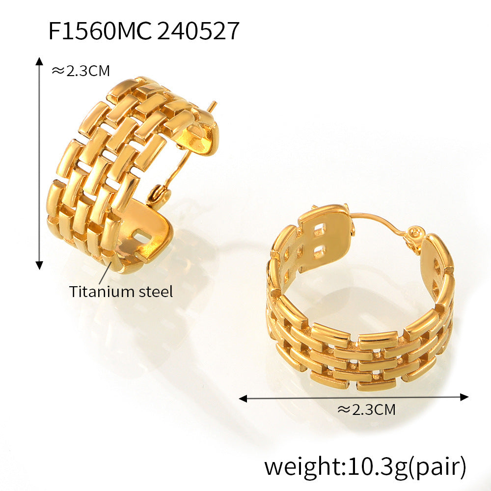 B廠【F1560】跨境歐美ins風鏈條纏繞拼接C型鈦鋼耳扣女設計鏤空格紋不褪色耳環 24.06-1