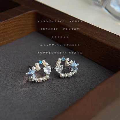A廠【3125】度假風創意設計感鋯石海星愛心耳環氣質優雅甜美可愛圓環小巧耳飾 25.02-3