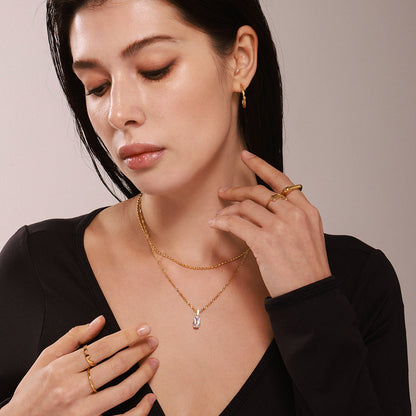 B廠【P516】長方鋯石米珠多層鎖骨項鍊不鏽鋼PVD電鍍18K真金設計感頸鍊 25.03-2