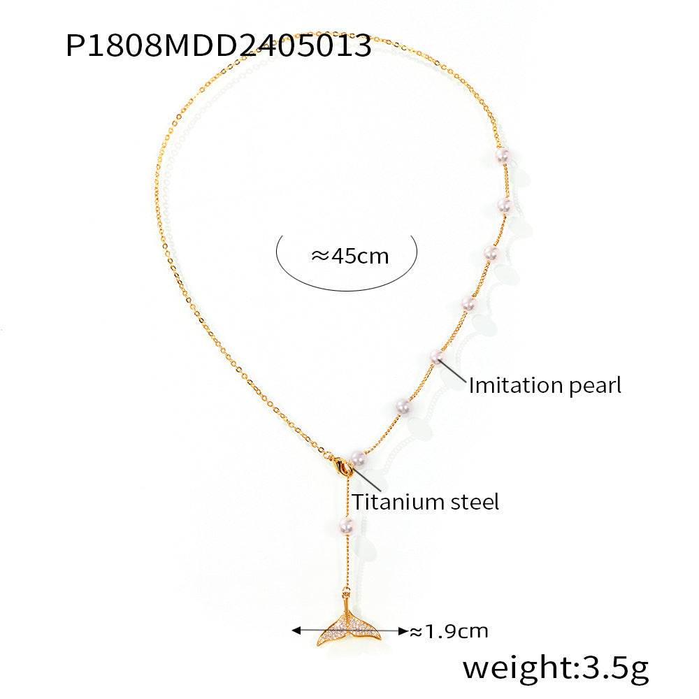B廠【P1808】夏季貝珠頸鍊2024年新款輕奢小眾鎖骨鏈ins設計鑲鑽魚尾鈦鋼項鍊 24.05-3