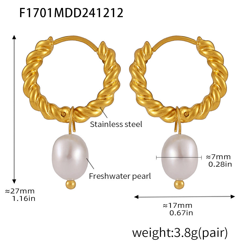 B廠【F1700】歐美不鏽鋼麻花扣天然淡水珍珠耳環耳環PVD電鍍18K真金耳飾 24.12-3