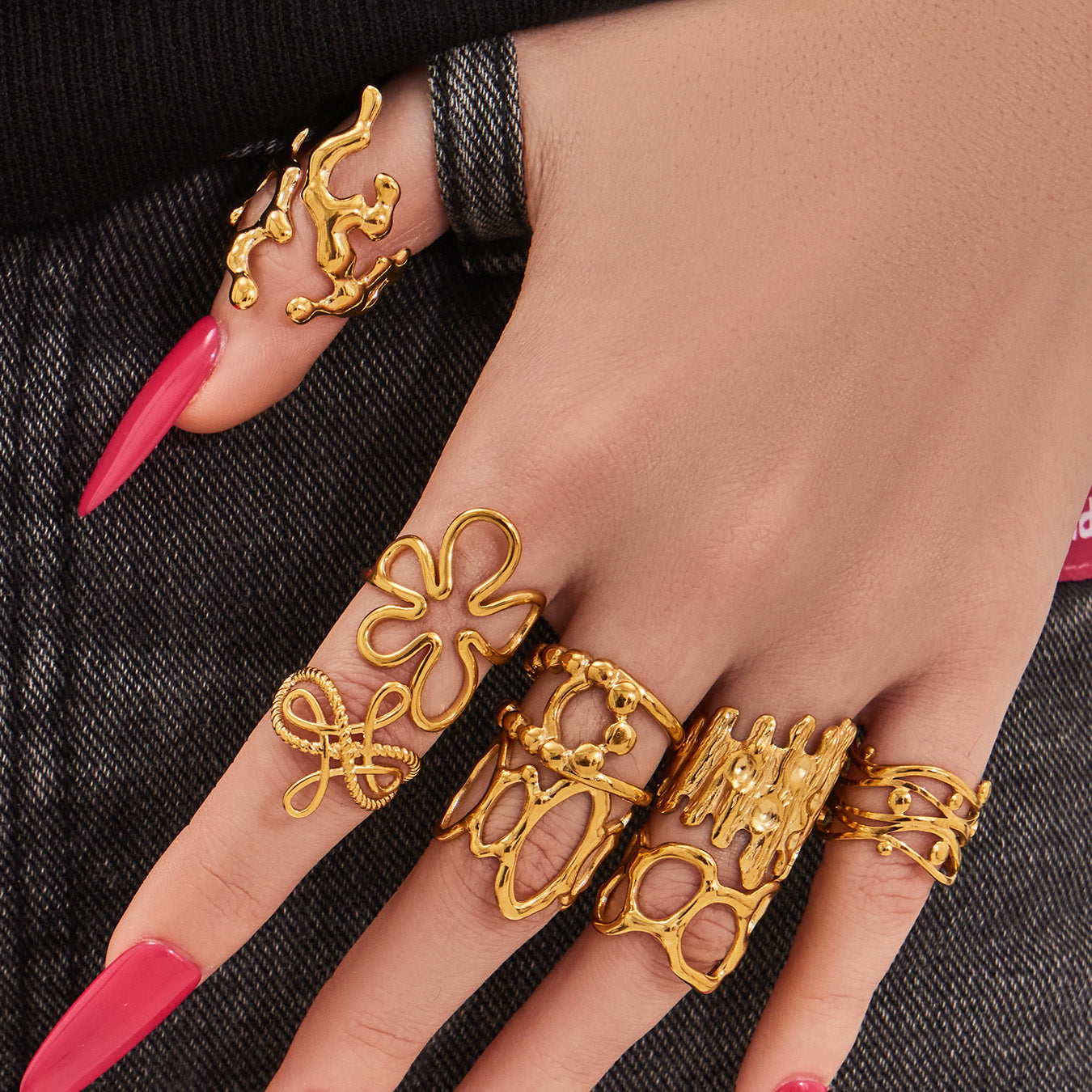 B廠【Y136】歐美ins簡約設計幾何型素圈戒指組合不鏽鋼鍍金小眾時尚開口指環
 26.01-4