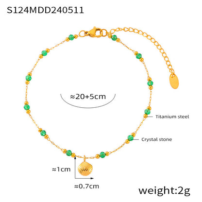 B廠【S121-S124】韓版小眾設計感貝殼金磚吊墜女2024年新款夏鈦鋼輕奢個性綠珠腳鍊 24.05-3