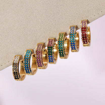 B廠【F930】ins風高品質彩色5A鋯石圓圈卡扣耳環不鏽鋼鍍18k真金耳飾女
 25.11-2