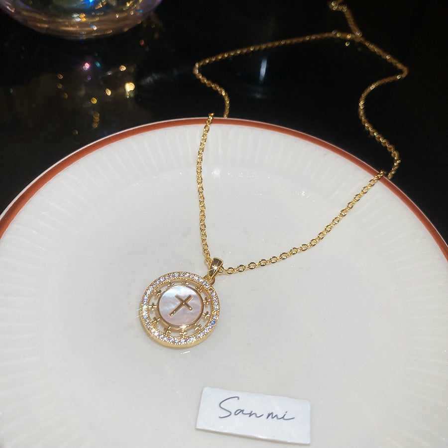 A廠【HN10433】18K真金電鍍鋯石貝母十字架項鍊韓系ins精緻優雅鎖骨鏈小眾頸鍊女
 25.10-5