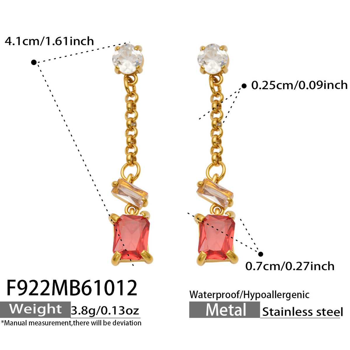 B廠【F922】方塊多巴胺鋯石不鏽鋼鍍18k金流蘇長款耳環
 26.10-4