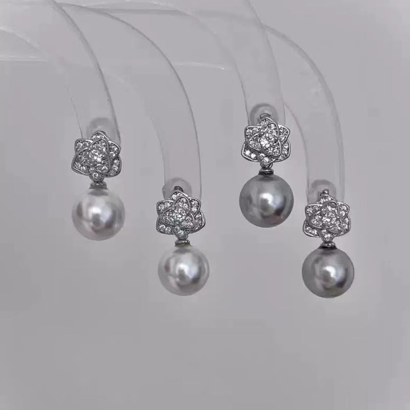 E廠【YC10189E】S925純銀輕奢鑲鑽花朵珍珠耳環女簡約精緻氣質花朵耳飾品 24.04-4