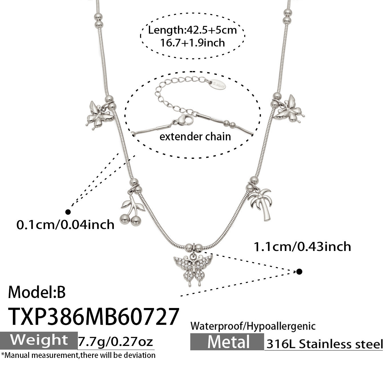 B廠【TXP386】夏日風蝴蝶圓珠吊墜項鍊手鍊 316不銹鋼鍍金輕奢高級感氣質飾品女
 26.07-5