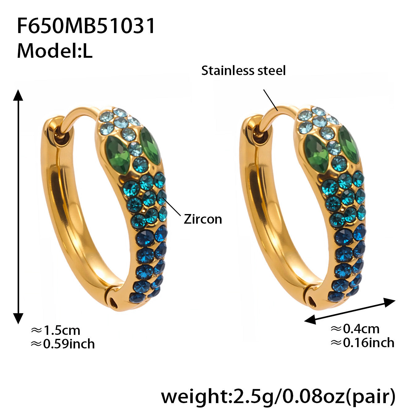 B廠【F650】彩色鋯石U形耳環不鏽鋼鍍18k真金蛇形滿鑽輕奢時尚百搭耳飾
 25.11-1
