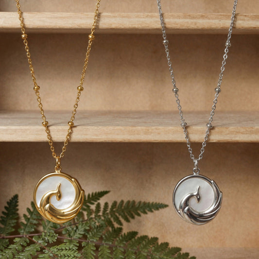 B廠【P035】歐美跨境浮雕鳳凰內鑲嵌白海貝吊墜鎖骨項鍊不鏽鋼鍍18k真金飾品
 26.02-1