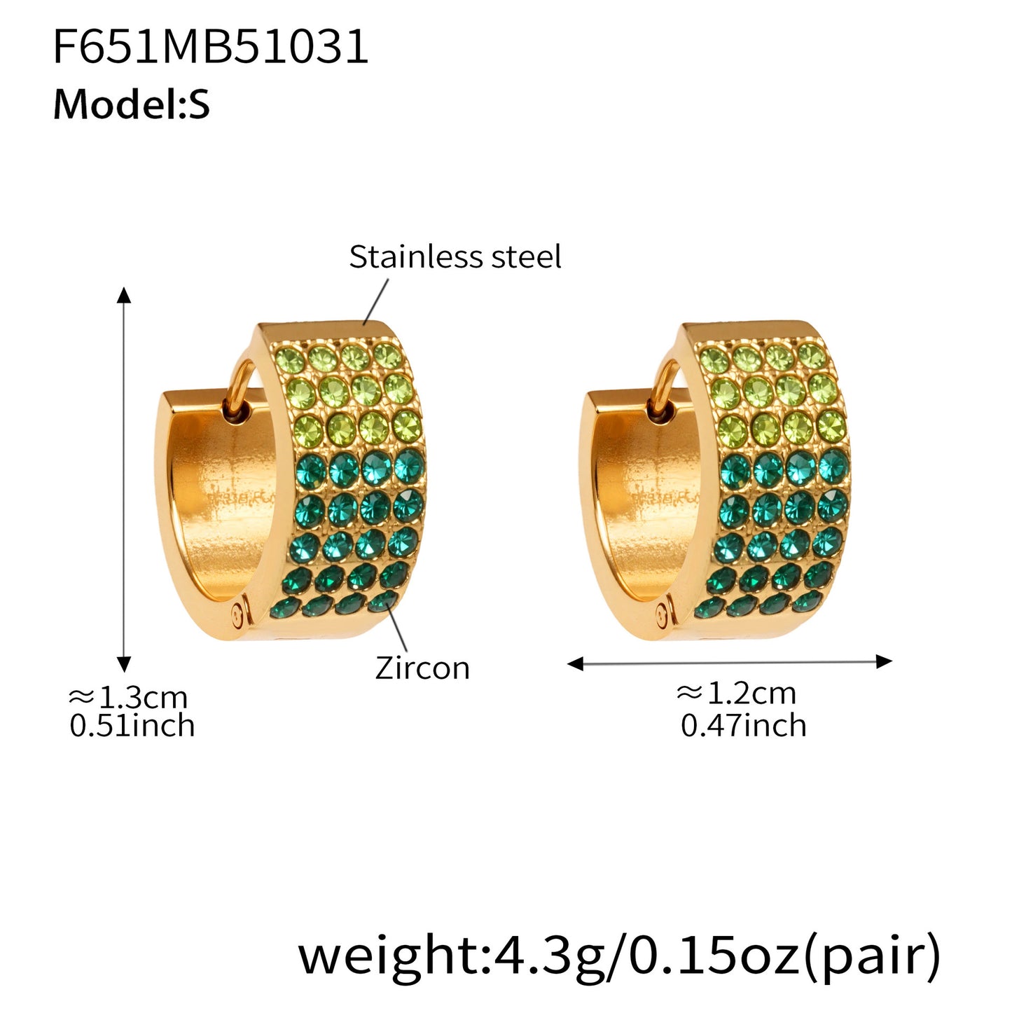 B廠【F651】彩鑽四排鋯石精緻卡扣耳環不鏽鋼鍍18k金時尚百搭個性耳飾
 25.11-1