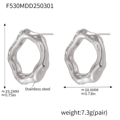 B廠【F530】小眾環形岩溶戒指耳環歐美時尚簡約首飾不鏽鋼18K真金套裝 25.03-1