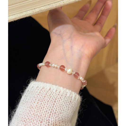 E廠【XDQ0612S】S925純銀天然草莓晶淡水珍珠手鍊女精緻輕奢琉璃珠手飾品
 26.05-2