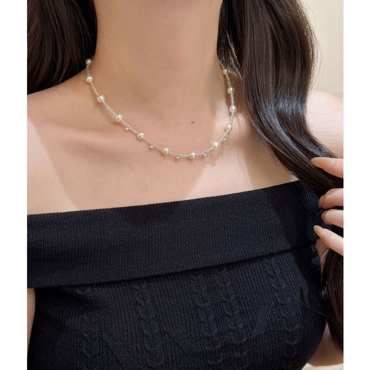 E廠【XDQ0742N】法式輕奢S925純銀仿珍珠琉璃珠項鍊女優雅高級感串珠鎖骨鏈潮
 26.04-3