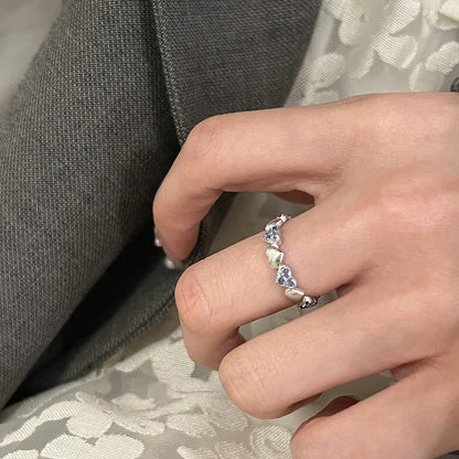 E廠【XDQ8391R】S925純銀韓版精緻愛心拉絲戒指女小眾設計鑲藍鋯心形開口指環
 26.06-1