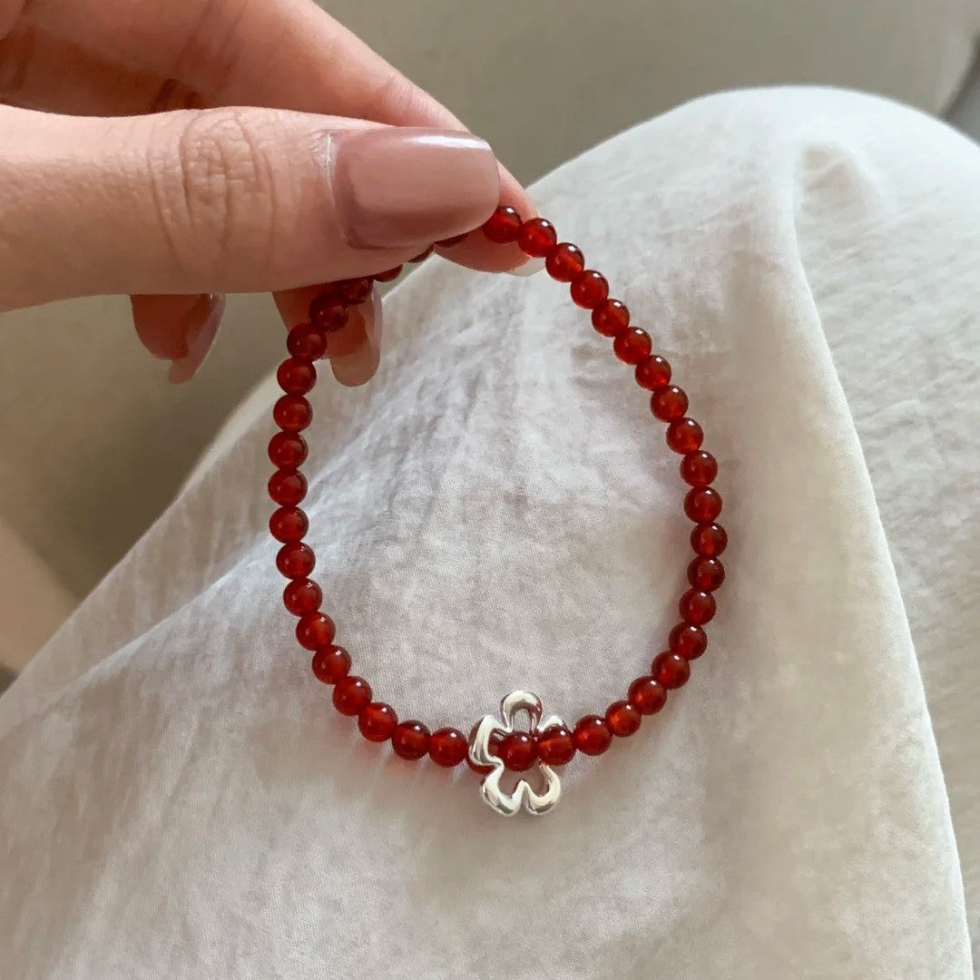 E廠【XDQ0589S】韓系ins風花朵紅瑪瑙手串女S925純銀氣質顯白百搭手環手飾品
 25.11-3