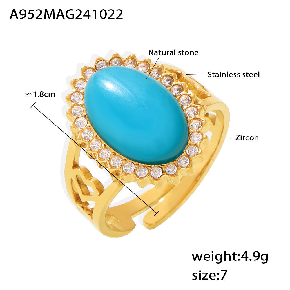 B廠【A952】波浪鋯石橢圓天然石開口戒指不銹鋼PVD電鍍可調 24.11-2