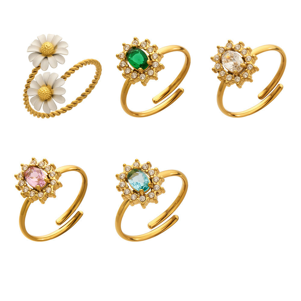 B廠【A703】跨境新款小眾設計小菊花開口戒指不鏽鋼鑲嵌鋯石花朵戒指組合
 26.04-3