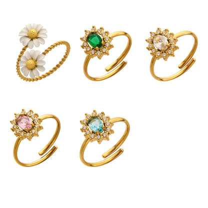 B廠【A703】跨境新款小眾設計小菊花開口戒指不鏽鋼鑲嵌鋯石花朵戒指組合
 26.04-3