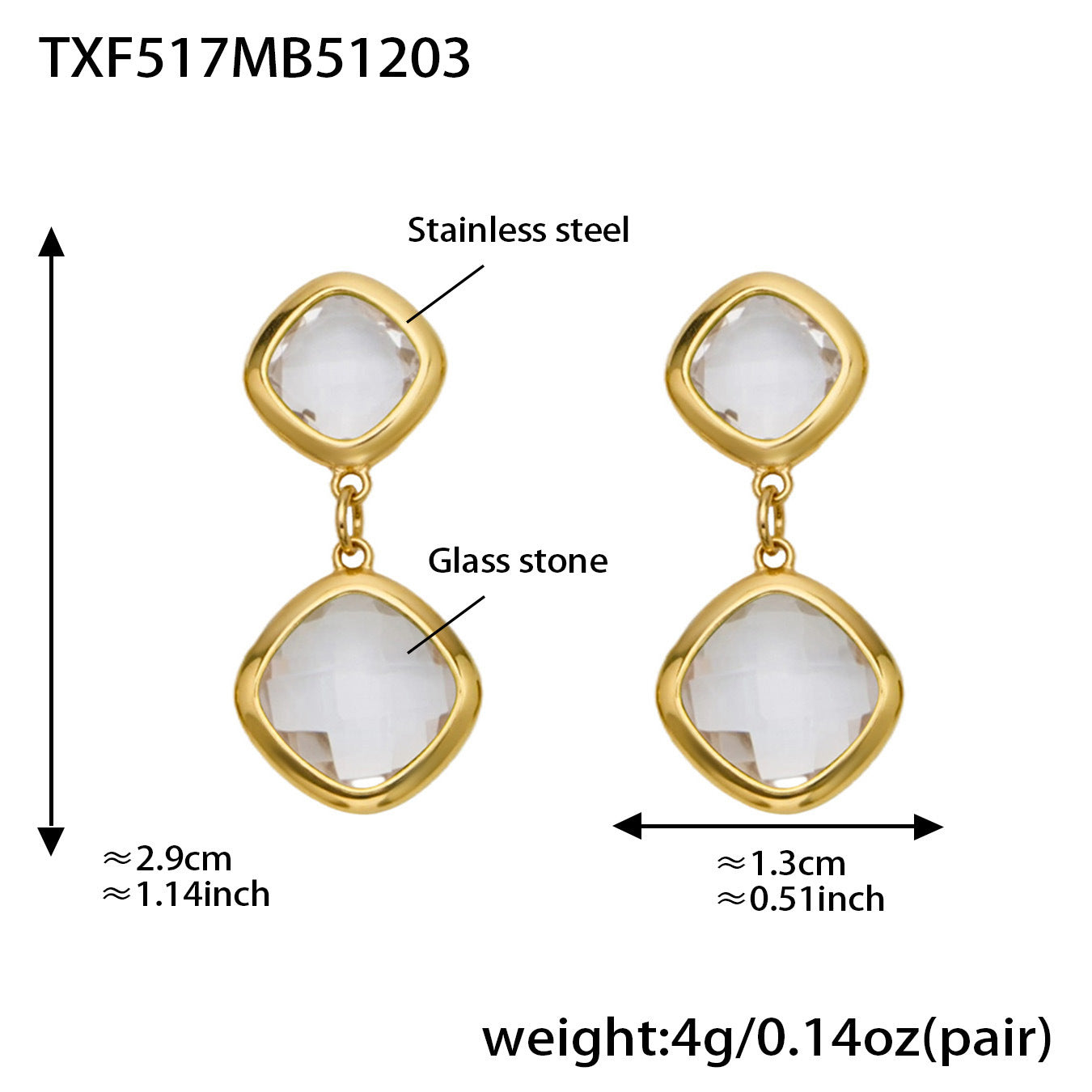 B廠【TXP517】不銹鋼方形切麵包邊玻璃石吊墜耳環項鍊手鍊珠寶首飾套裝鍍18k金
 25.12-2
