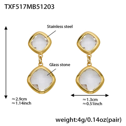 B廠【TXP517】不銹鋼方形切麵包邊玻璃石吊墜耳環項鍊手鍊珠寶首飾套裝鍍18k金
 25.12-2