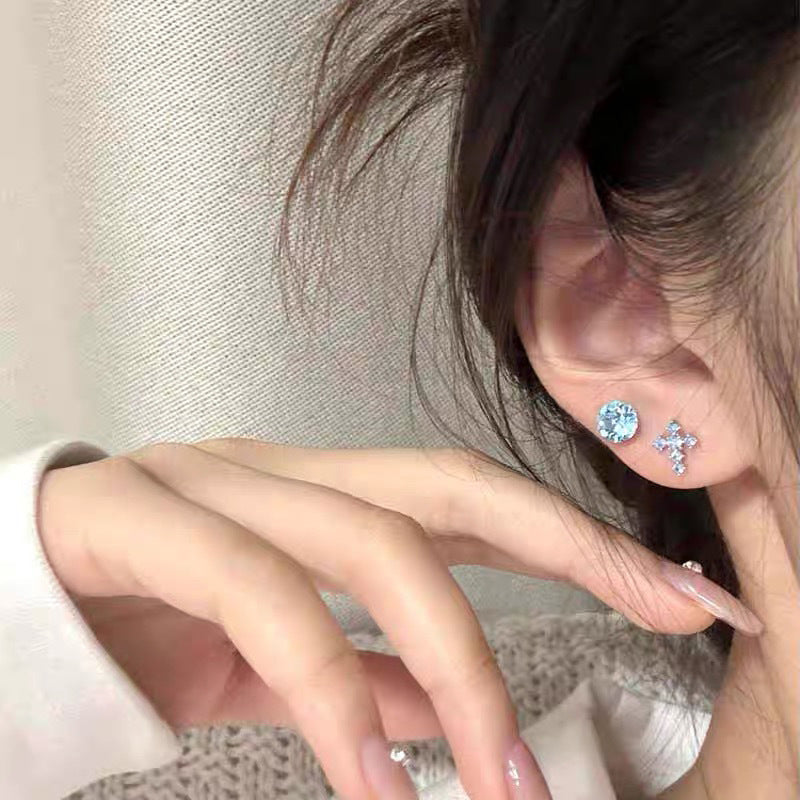 F廠【DQ10009E】S925純銀小清新藍色十字架耳環女小眾設計淺藍鋯石耳骨釘耳飾
 25.09-1