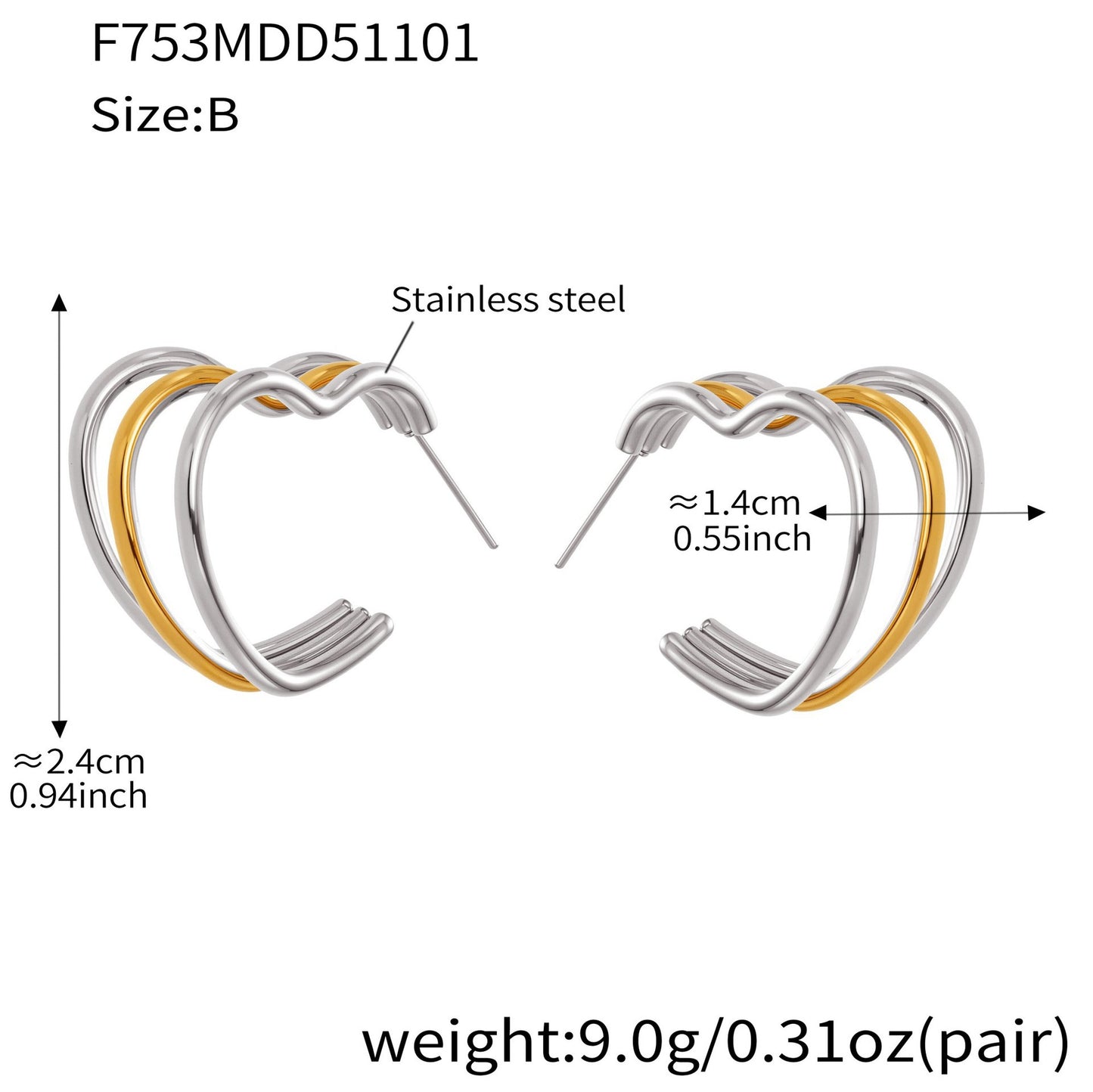 B廠【F753】ins風小眾設計三層愛心耳環不鏽鋼18k鍍金耳環不掉色耳飾
 25.11-1