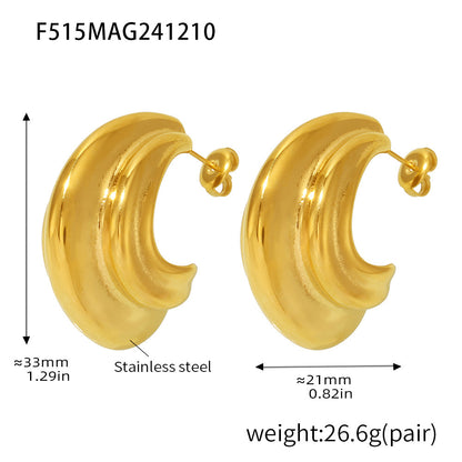 B廠【F515】不鏽鋼多層C型曲面重工拋光質感耳環 PVD鍍18K真金網紅耳環 24.12-3