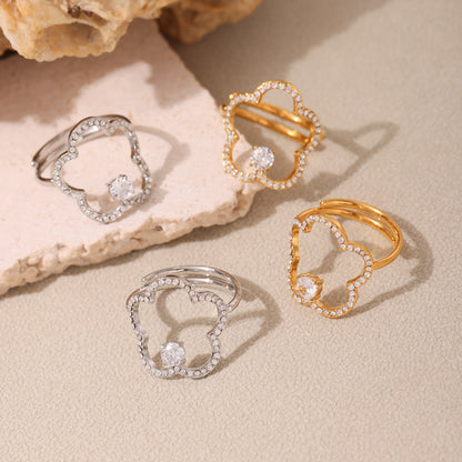 B廠【A745】ins輕奢風5A鋯石小鑽五葉花開口可調式戒指不鏽鋼鍍18k真金 25.05-3