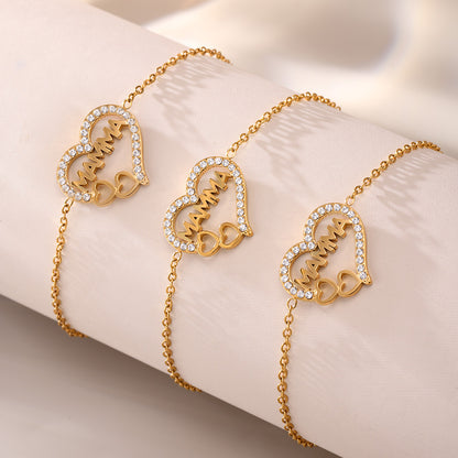 B廠【TXP218】歐美Mama愛心鋯石字母鎖骨項鍊手鍊鈦鋼PVD電鍍18K真金套裝 25.01-2