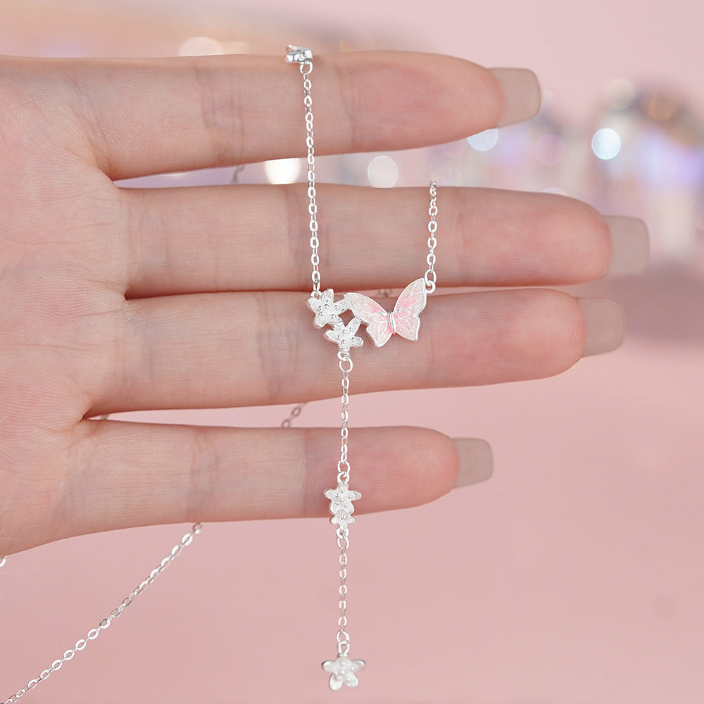 D廠【YC2185N】足銀S999滴膠蝴蝶花朵流蘇項鍊清新森系淡雅小眾顯瘦鎖骨鏈
 25.11-4