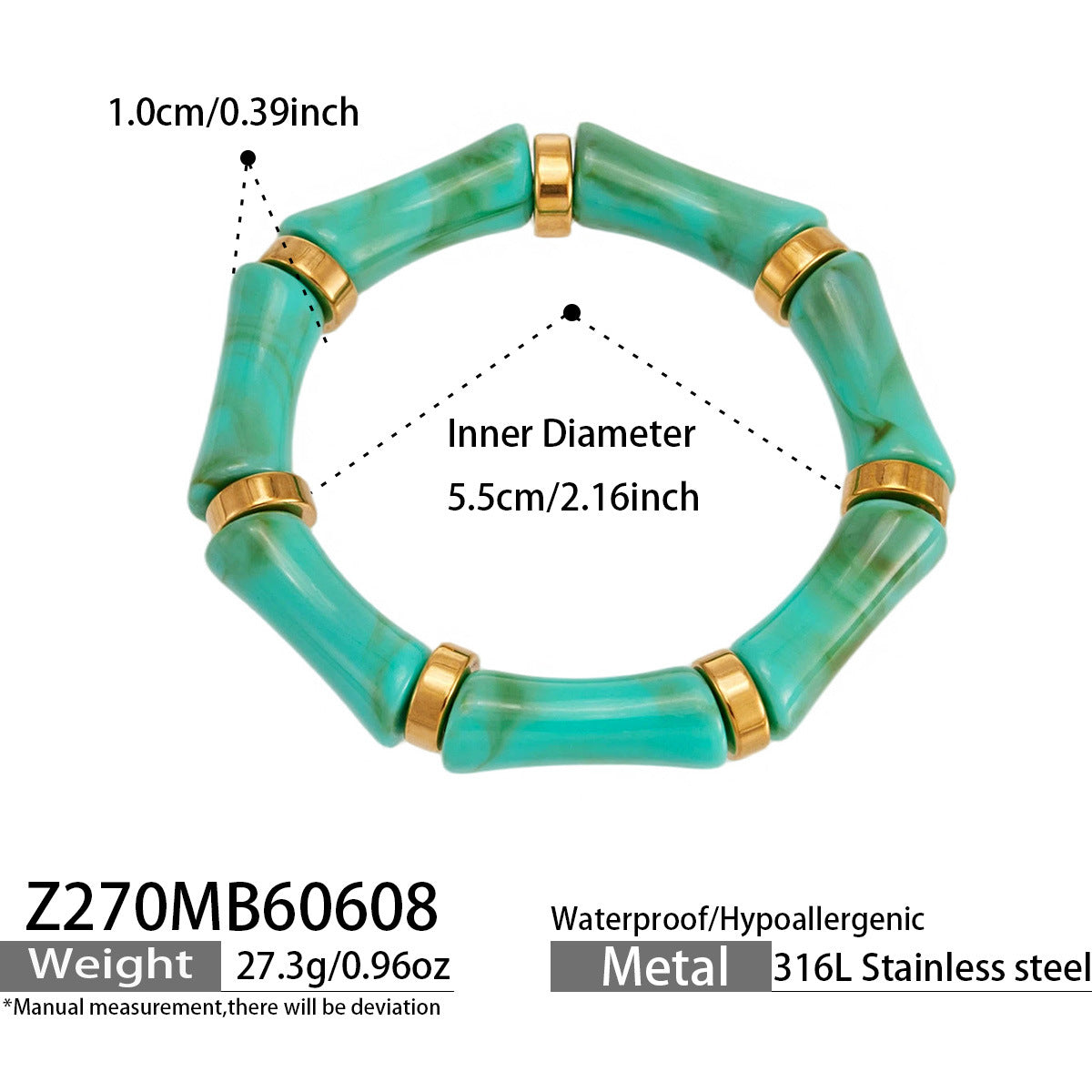 B廠【Z270】歐美輕奢多彩竹節樹脂彈性手鐲新款高級感時尚氣質手環不銹鋼手飾
 26.06-2