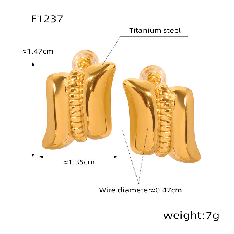 B廠【F1237】跨國新款時尚百搭個性簡約鈦鋼鍍金幾何四邊形紋理耳環女飾品 24.01-2