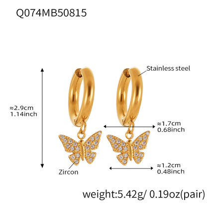 B廠【Q062】歐美飾品不銹鋼蝴蝶吊墜帶鑽耳環鍍18k真金跨境熱銷耳飾女 25.08-5