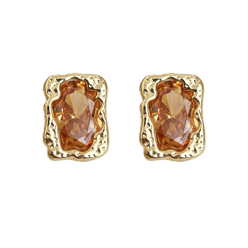 C廠【7074】秋冬色系淺咖香檳色液態高級感925銀針幾何長方形女
 25.11-2