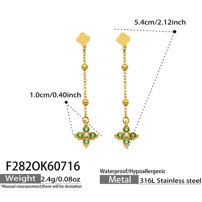 B廠【F282】歐美甜美風不鏽鋼鍍18k金 鑲嵌鋯石四葉花長吊墜耳環時尚飾品女
 26.07-4