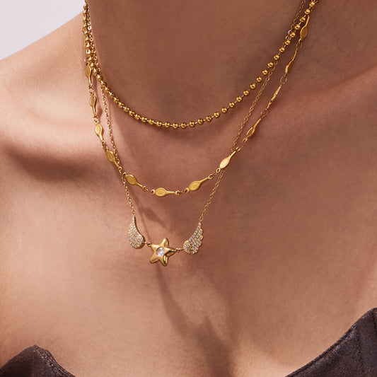 B廠【P789】歐美簡約時尚飾品5A鋯石五角星翅膀鎖骨鏈項鍊不鏽鋼鍍18k金配件
 26.03-2