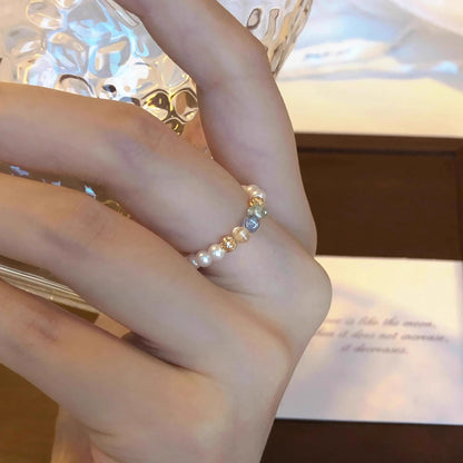 E廠【 DQ8966R】法式復古施家仿珍珠戒指女S925銀色彩捷克珠簡約手工設計指環 25.07-4