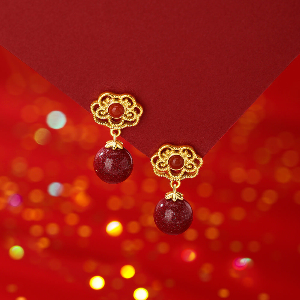 D廠【YC4114E】純銀S925如意南紅硃砂耳環氣質國風古風精美個性溫柔百搭耳飾
 26.01-1