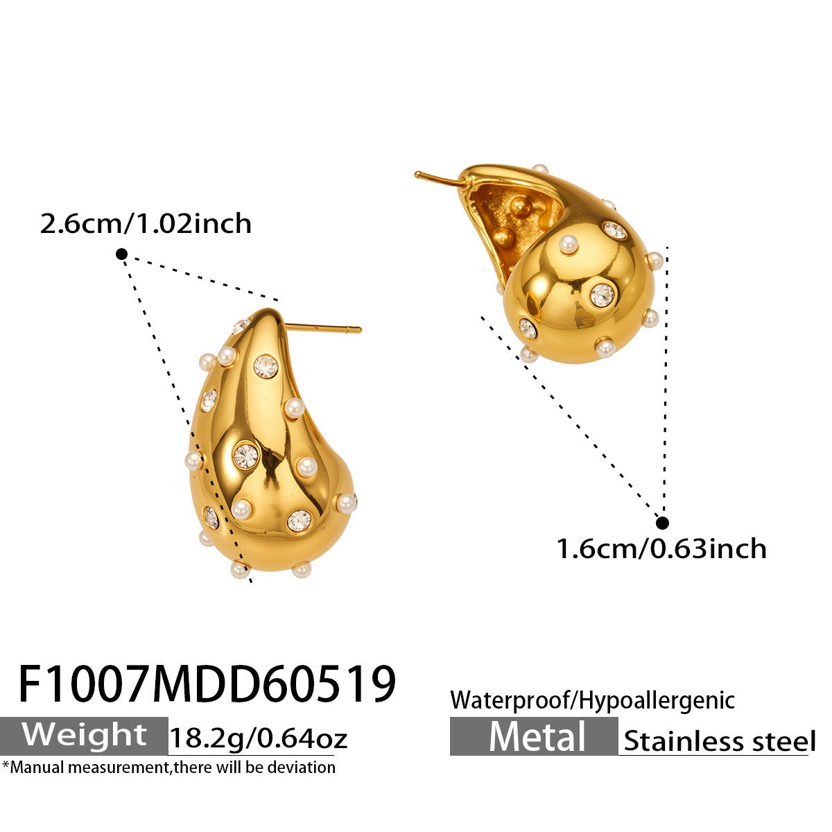 B廠【F1007】歐美新款INS小眾貝珠水鑽水滴形耳環幾何鏤空不鏽鋼鍍18k真金耳飾
 26.05-4