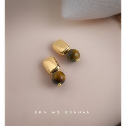 C廠【6947】美拉德風天然石虎眼石時尚高級感鍍14K新款幾何方形耳飾
 25.10-4