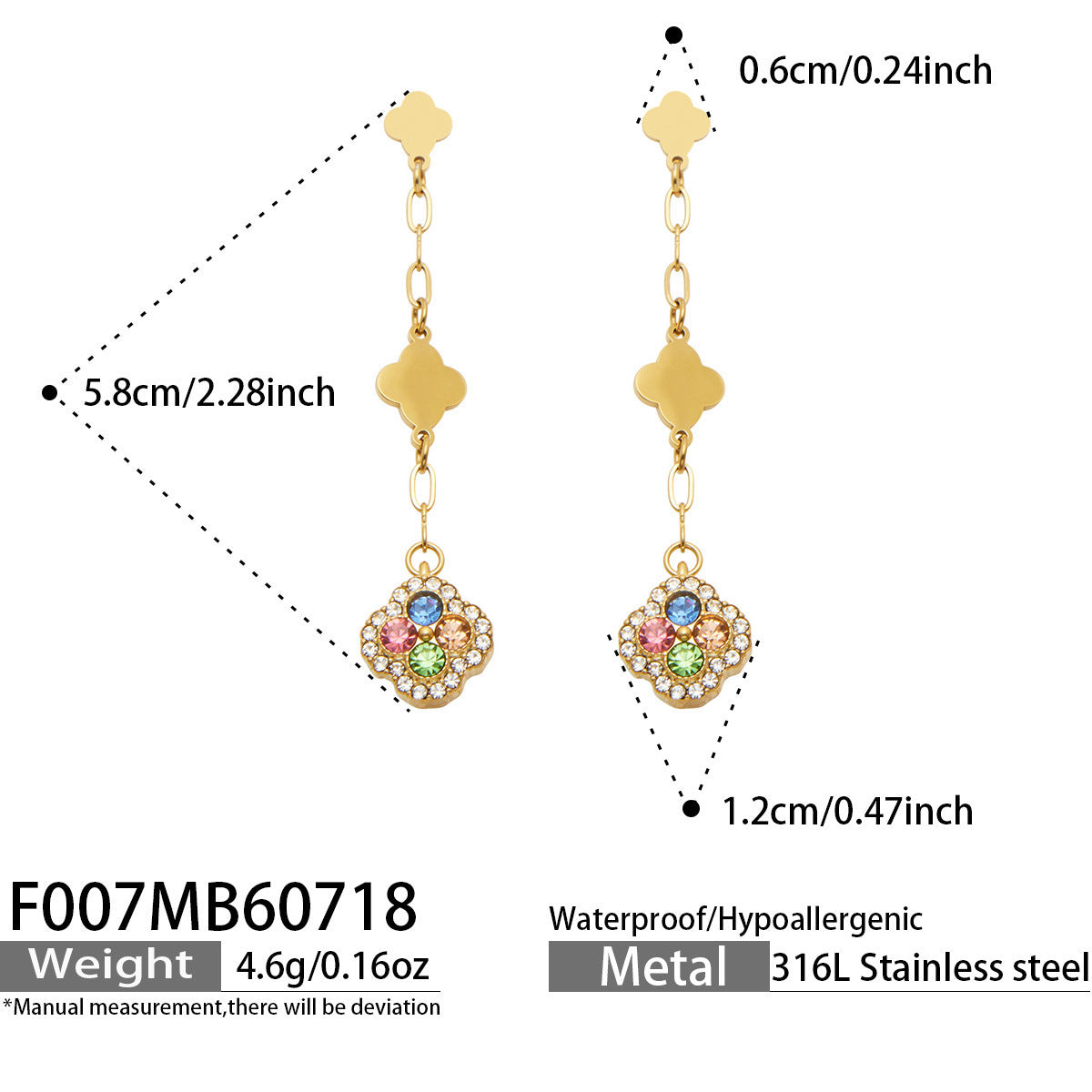 B廠【F007】清新甜美不鏽鋼鍍18k金 四葉花滿鋯石吊墜耳環高級感輕奢女飾品
 26.07-4