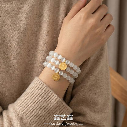 B廠【E241】歐美跨國熱銷款圓牌福字貓眼石手鍊ins風個性時尚百搭彈性繩手飾
 26.02-1