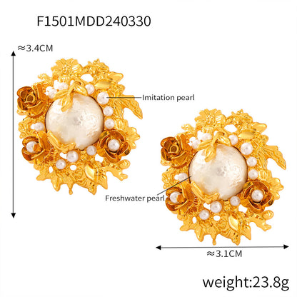 B廠【F1501】設計感巴洛克珍珠宮廷復古誇張中古耳飾古風繁花似錦層疊花朵耳環 24.04-2