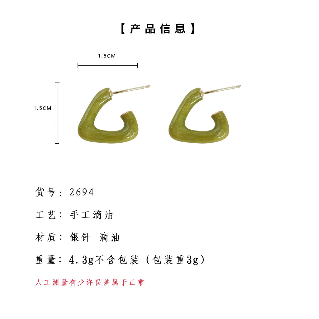 C廠【2694】通勤百搭綠色幾何耳環清新酪梨綠簡約三角小眾滴釉鏤空線條耳飾 25.02-3