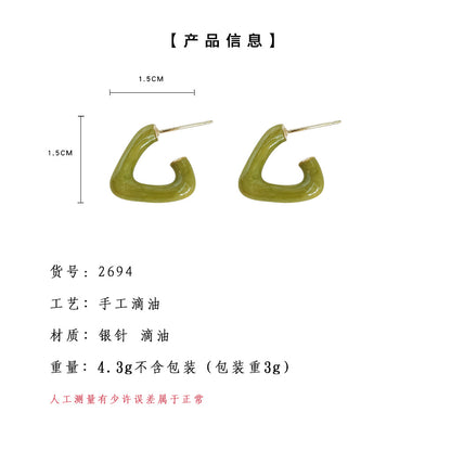 A廠【2694】通勤百搭綠色幾何耳環清新酪梨綠簡約三角小眾滴釉鏤空線條耳飾 25.02-3