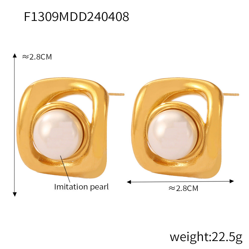 B廠【F1305-9】歐美幾何仿珍珠紋理鈦鋼鑄造耳環飾品百搭新款鍍18k真金保色套裝 24.04-3