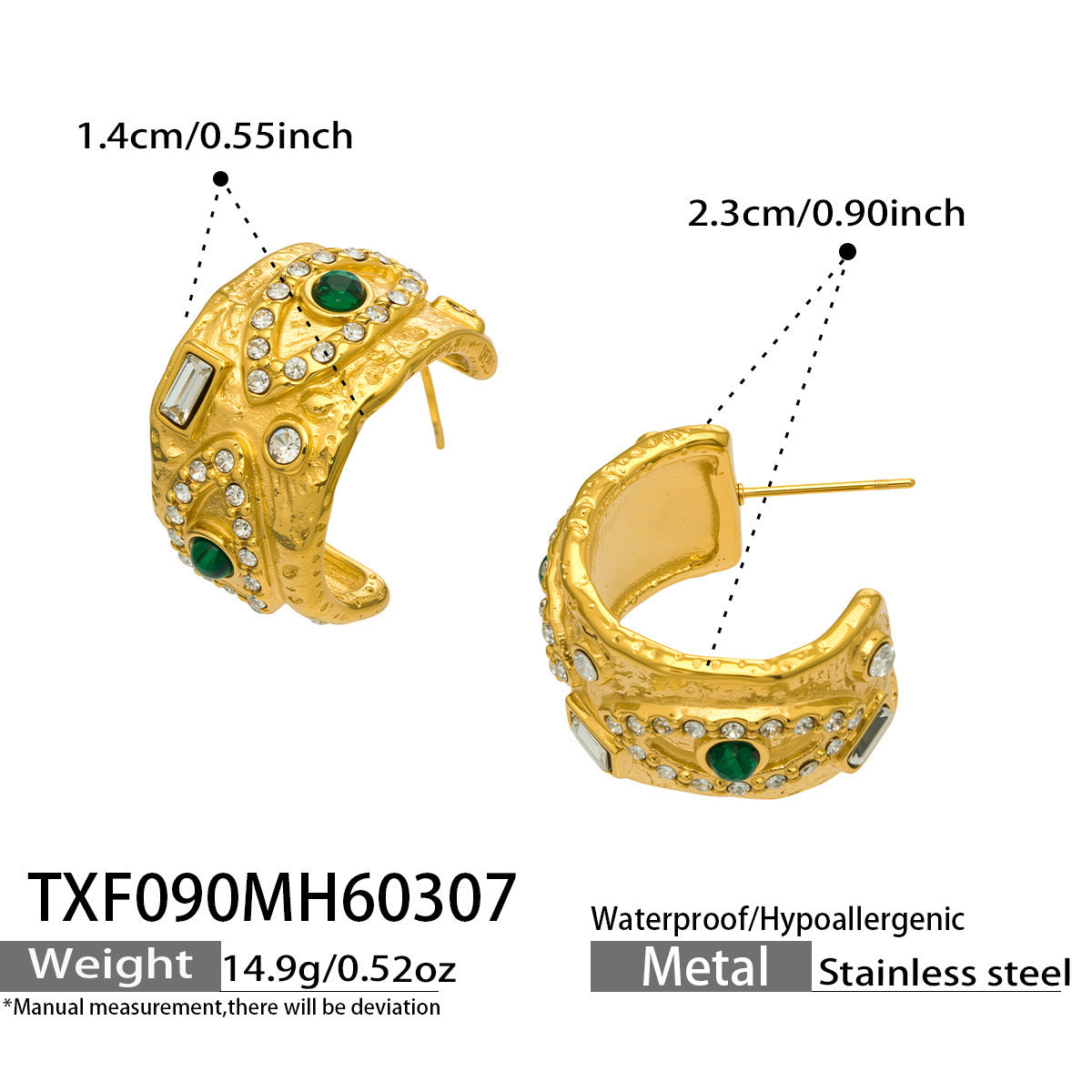 B廠【TXF090】歐美ins小眾設計幾何C型耳環鑲嵌綠松石水鑽高質感耳飾不銹鋼材質
 26.03-3