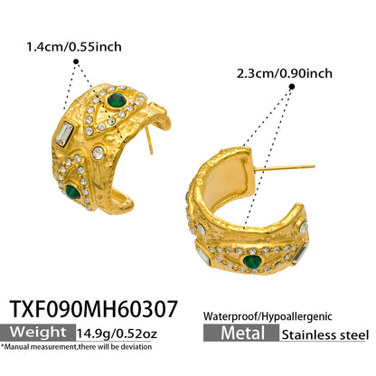 B廠【TXF090】歐美ins小眾設計幾何C型耳環鑲嵌綠松石水鑽高質感耳飾不銹鋼材質
 26.03-3